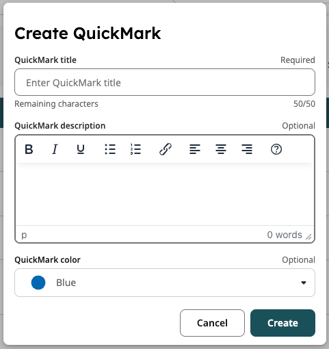 QuickMark creation form with fields for title, description, and color