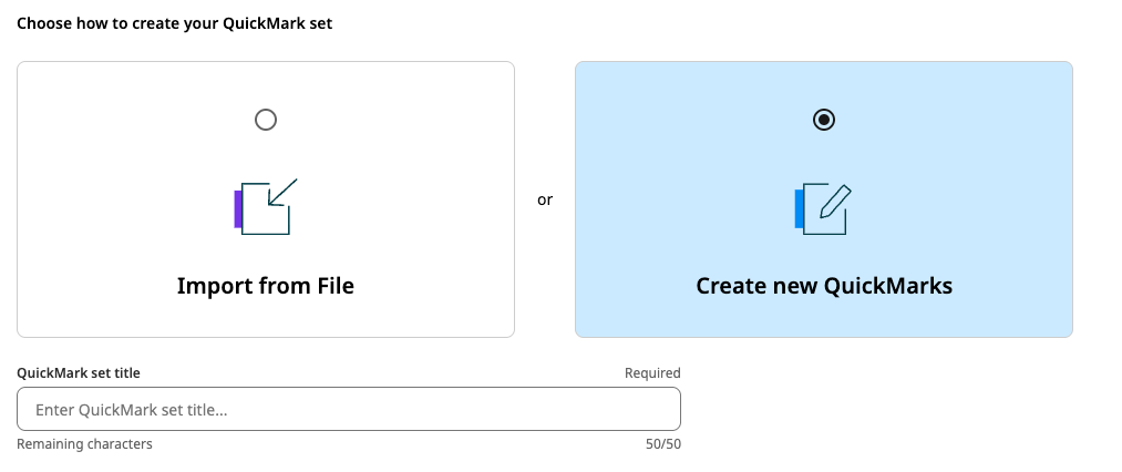 Un cuadro de diálogo que muestra la opción Crear nuevas QuickMarks (Create new QuickMarks) y el campo del título del conjunto de QuickMarks