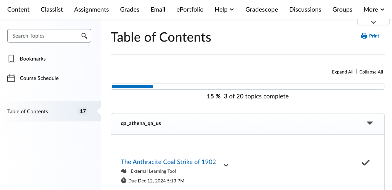 Turnitin Clarity課題のリンクが表示されたD2Lのコンテンツページ。