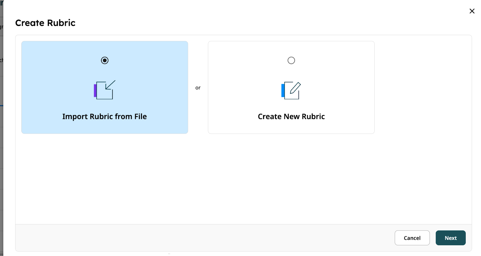 Create Rubric modal showing Import Rubric from File option selected.