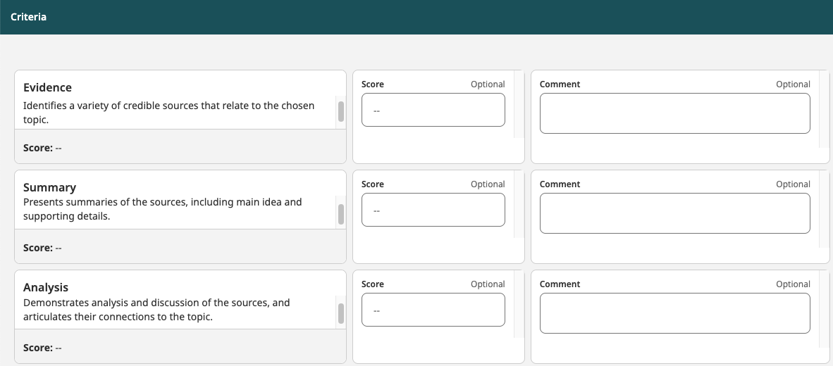 Grading form layout showing criteria with reusable comments and point fields.