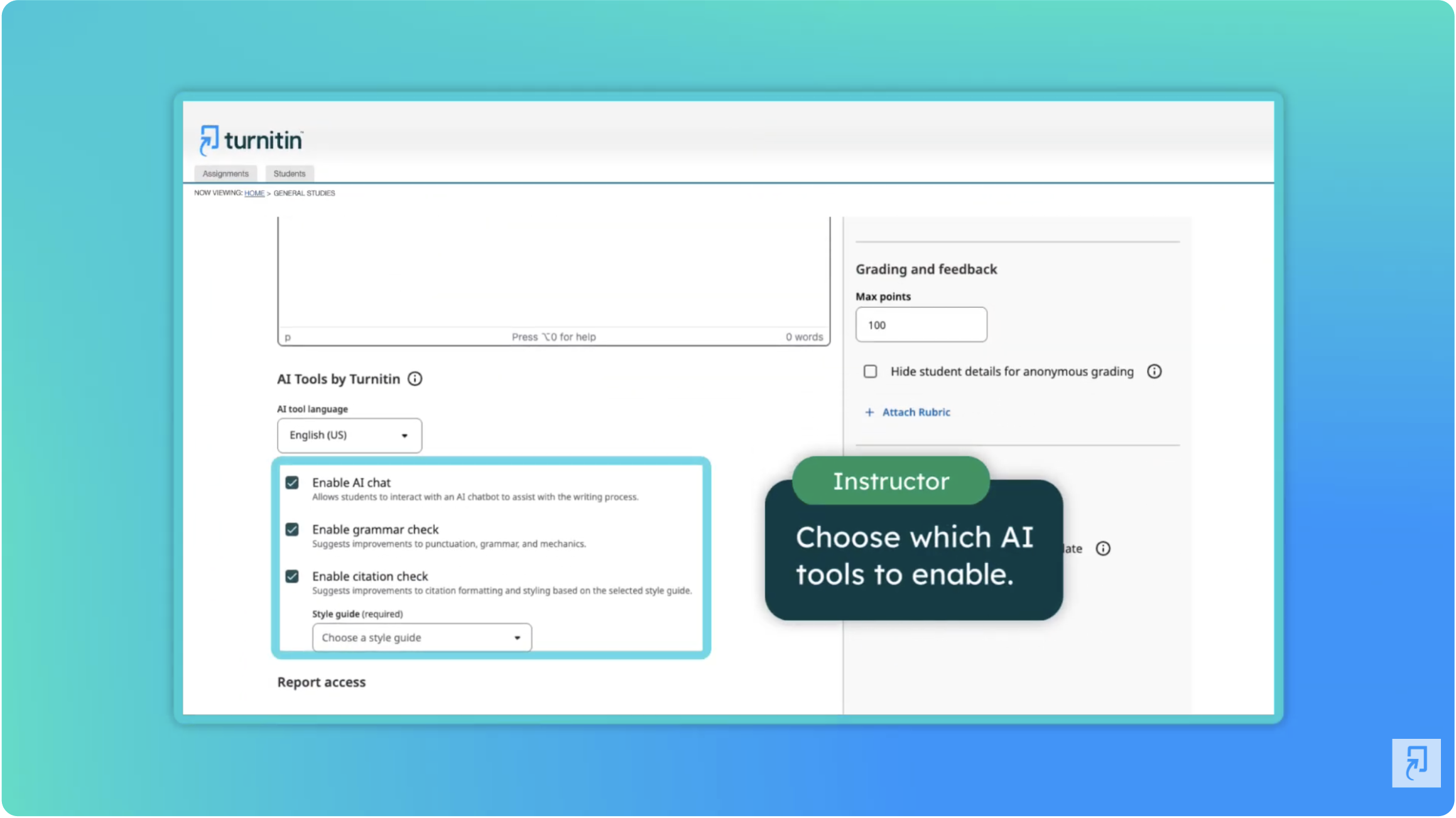 Turnitin Clarity product interface showing AI tools enabled
